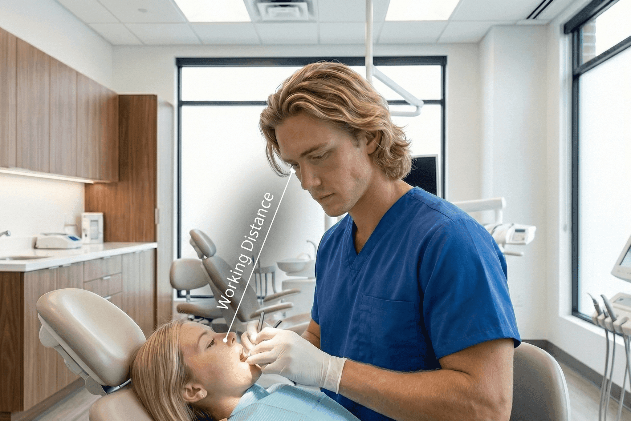 Clinician measuring working distance for loupes
